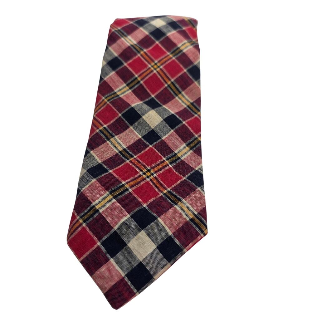 Rooster Madras Neck Tie Men's Plaid Cotton Classic Red 1980s Philly PA, USA VTG